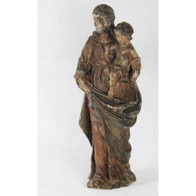 "saint Joseph Carrying The Child Jesus" Large Group In Carved Wood From The 17th Century