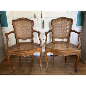 Pair Of Louis XV Period Caned Armchairs In Natural Beech 