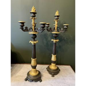 Pair Of Restoration Period Bronze Candelabra With Two Patinas