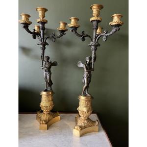 Pair Of Restoration Period Bronze Candelabra With Double Patina
