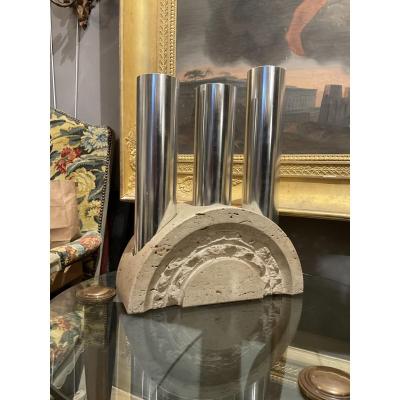Vase Or Umbrella Holder In Travertine And Chromed Metal By Fratelli Mannelli Circa 1960/70