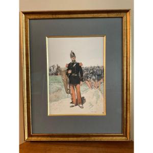 Polychrome Engraving Enhanced With Watercolor Representing A Line Infantry Musician Signed édouard Detaille.