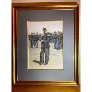 Polychrome Engraving Enhanced With Watercolor Representing A Sailor Of The Marine Infantry Full Dress Signed édouard Detaille.