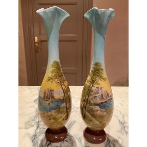 Jérôme Massier Pair Of Polychrome Vases With Ovoid Belly With Long Trilobed Neck Decor From The Abbey Of Lerrins On Saint-honorat Island.