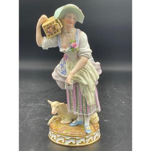 Polychrome Porcelain From The Meissen Porcelain Manufactory Representing A Shepherdess.