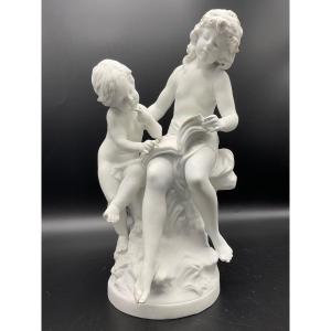 Porcelain Biscuit Representing The Reading Lesson Signed Auguste Moreau.