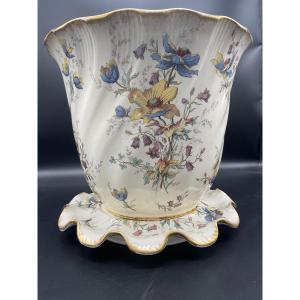 Cloche Planter And Its Dormant In Fine Polychrome Earthenware From Sarreguemines With Floral Decor.