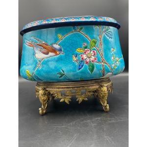 Polychrome Oval Planter In Longwy Enamels With Rotating Decor Of Birds Perched On A Blue Background