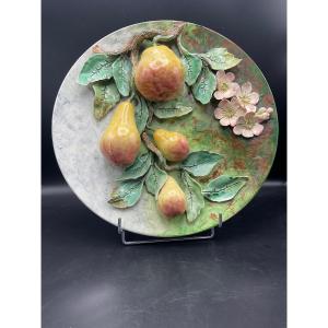 Large Polychrome Barbotine Dish With Relief Pear Decor From The Longchamp Manufacture.