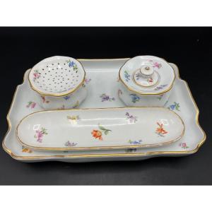Polychrome Porcelain Inkwell From The Meissen Manufacture With Floral Decor On A White Background.