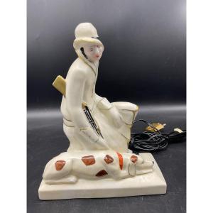 Night Light In Polychrome Porcelain From Limoges Representing A Huntress And Her Art-deco Dog