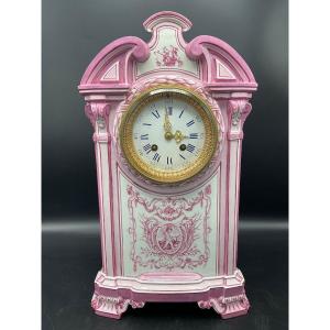Trianon Clock In Gien Earthenware With Saxony Decor In Shades Of Pink On A White Background.
