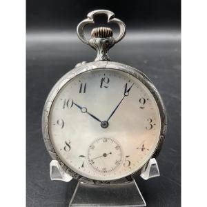 Pocket Or Pocket Watch In Chiseled And Guilloché Solid Silver With Orchid Decor.
