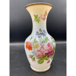 Baccarat Polychrome Opaline Vase Decorated With A Bouquet Of Flowers, Flowers On A White Background.