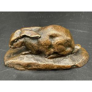 Small Bronze Representing A Rabbit With Lowered Ears With Medal Patina Signed Barye.