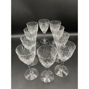 Ten Chantilly Model Red Wine Glasses In Colorless Cut Crystal From Cristallerie De Saint Louis.