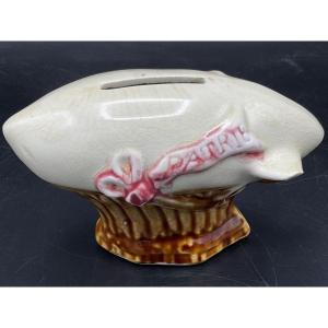 Polychrome Money Box In Barbotine From The Onnaing Factory Representing A Dirigible Balloon