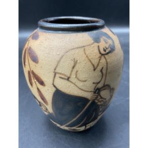Small Ciboure Vase With Rotating Decoration Of A Woman With A Basket, A Mule, And An Olive Tree.