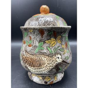 Polychrome Sugar Bowl In Gien Earthenware From The Rambouillet Service With A Woodcock Decoration.