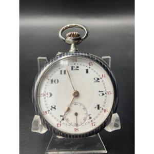 Pocket Watch Or Pocket Watch In Niello Silver Decorated With A Straight Vertical Line With A Greek Frieze.