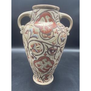 Colored Stoneware Vase From The Gien Faience Factory With Relief Decoration Of Floral Scrolls, Birds, And Dragons.