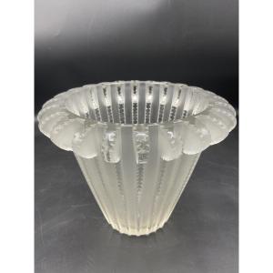 Lalique France Vase In Conical Shape, Royat Model, In Clear And Frosted Crystal.