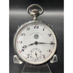 Pocket Watch Or Pocket Watch In Solid Silver With Niello Decoration Of A Vertical Straight Line And Crest