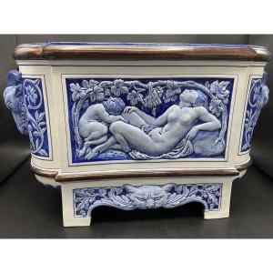 Gien Earthenware Planter Decorated With A Greek Mythological Scene From The Legend Of Dionysus.