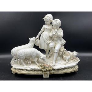 Porcelain Biscuit From The Müller Factory Depicting Two Children With Sheep.