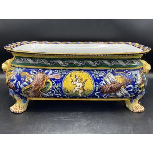 Polychrome Gien Earthenware Planter With A Rectangular, Rounded Shape And Rich Trofei Decoration 