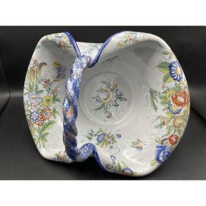 Antoine Montagnon Large Nevers Earthenware Basket Decorated With Floral Bouquets And Butterflies