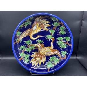 Polychrome Longwy Enamel Earthenware Bowl Depicting Two Cranes In Flight, Signed R.rizzi.