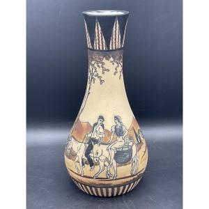 Polychrome Ciboure Vase With A Rotating Decoration Of A Basque Couple Riding Two Mules.