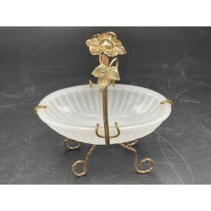 Ring Holder In The Shape Of A Basket In Gadrooned White Opaline Glass And Its Twisted Mount In Gilded Brass.