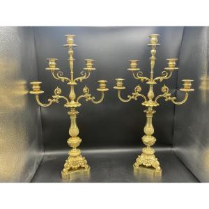 Pair Of Napoleon III Period Five-light Candelabra In Chased Gilt Bronze.