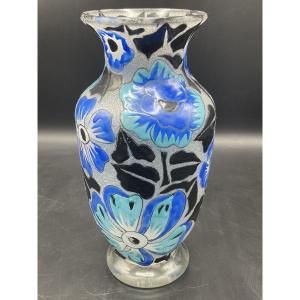 Art Deco Enameled Glass Vase Signed A. Mazoyer With Decoration Of Flowers And Foliage On A Frosted Background.