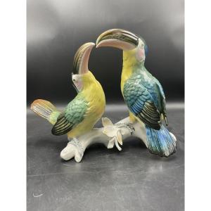 Pair Of Toucans Perched On A Branch In Polychrome Porcelain From The Karl Ens Factory.