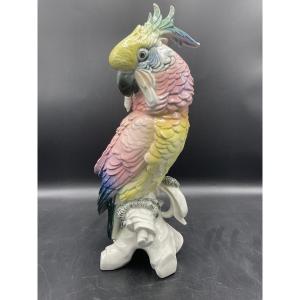 Large Parrot Cockatoo Perched On A Branch In Polychrome Porcelain Karl Ens Manufacture.