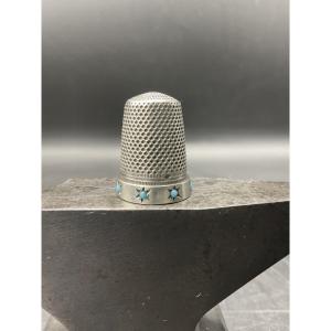 Solid Silver Thimble Decorated With A Starry Frieze And Turquoise Cabochons.