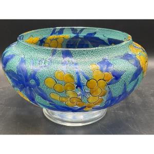 Art-deco Enameled Glass Bowl On Pedestal Signed A. Mazoyer Decorated With Bunches Of Grapes.