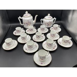 Limoges Polychrome Porcelain Coffee Service Decorated With A Bouquet Of Flowers And A Butterfly.