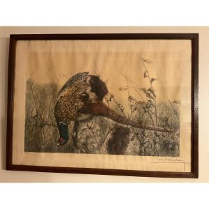 Polychrome Engraving Signed Léon Danchin Depicting A Griffin With A Pheasant Rooster In Its Mouth.