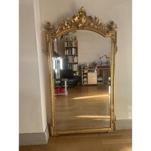 Large Napoleon III Period Louis XVI Style Mirror Or Mantelpiece, Wood And Stucco Frame.