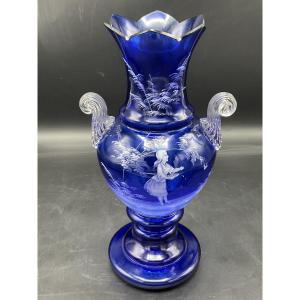 Mary Grégory Baluster Vase On Pedestal In Cobalt-blue Enameled Glass, Decorated With A Young Girl
