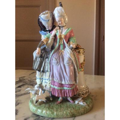 Allegorical Polychrome Group In Meissen Porcelain Representing Two Young Women.