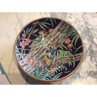 Polychrome Enamel Bowl From Longwy Representing A Couple Of Woodpeckers On A Trunk.