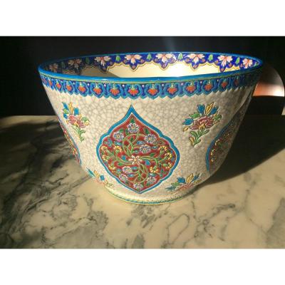 Cachepot In Gien Enamels With Cartouche Decor Of Polychrome Flowers On A White Cracked Background.