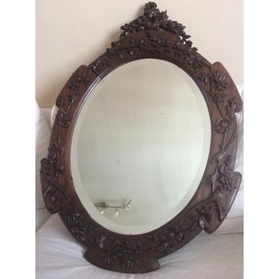 Oval Mirror In Carved Solid Walnut Decor With Embossed Roses And Birds Of Paradise XIX.
