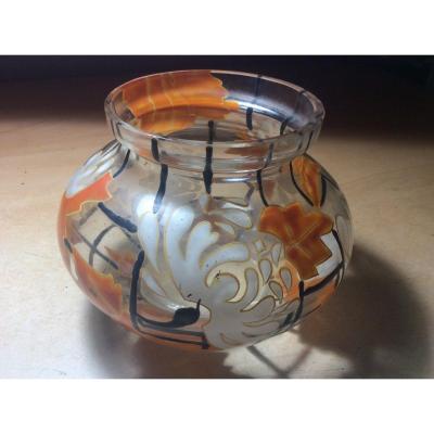 Art-deco Enameled Glass Vase Signed Mazoyer Decorated With White Flowers And Orange Foliage.