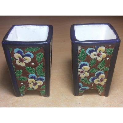 Pair Of Onion Vase Of Hyacinth In Earthenware Enameled Longwy 19th With Pansies Decor On Brown Background.